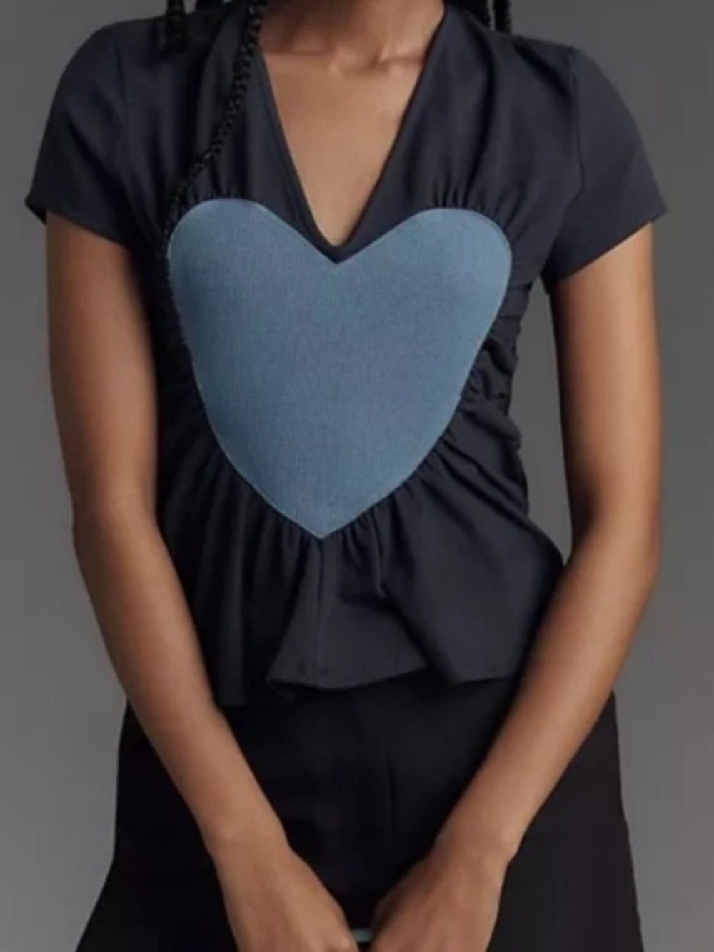 Maeve Anthropologie Navy Blue Heart Applique Peplum Ruched Top XS